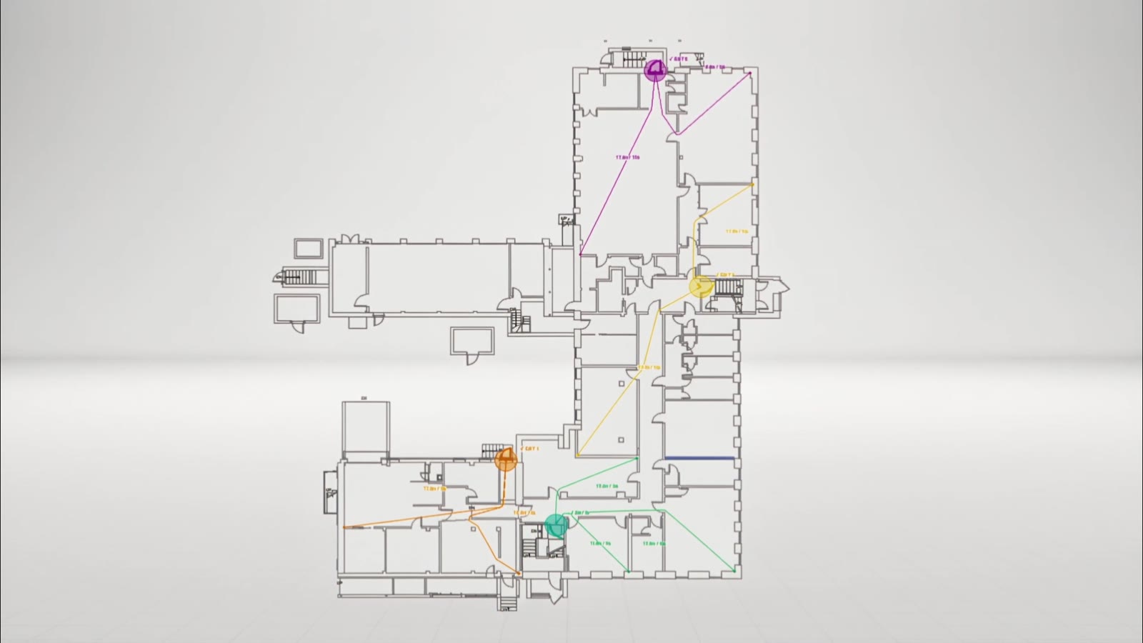 Floor plan with colour-coded egress paths traced to each exit