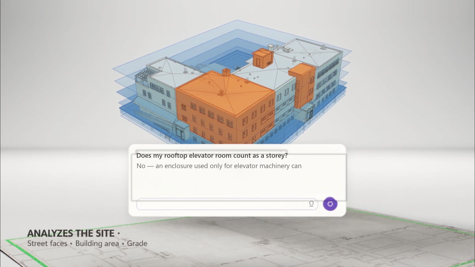 Site analysis: street faces, building area and grade traced around the building footprint