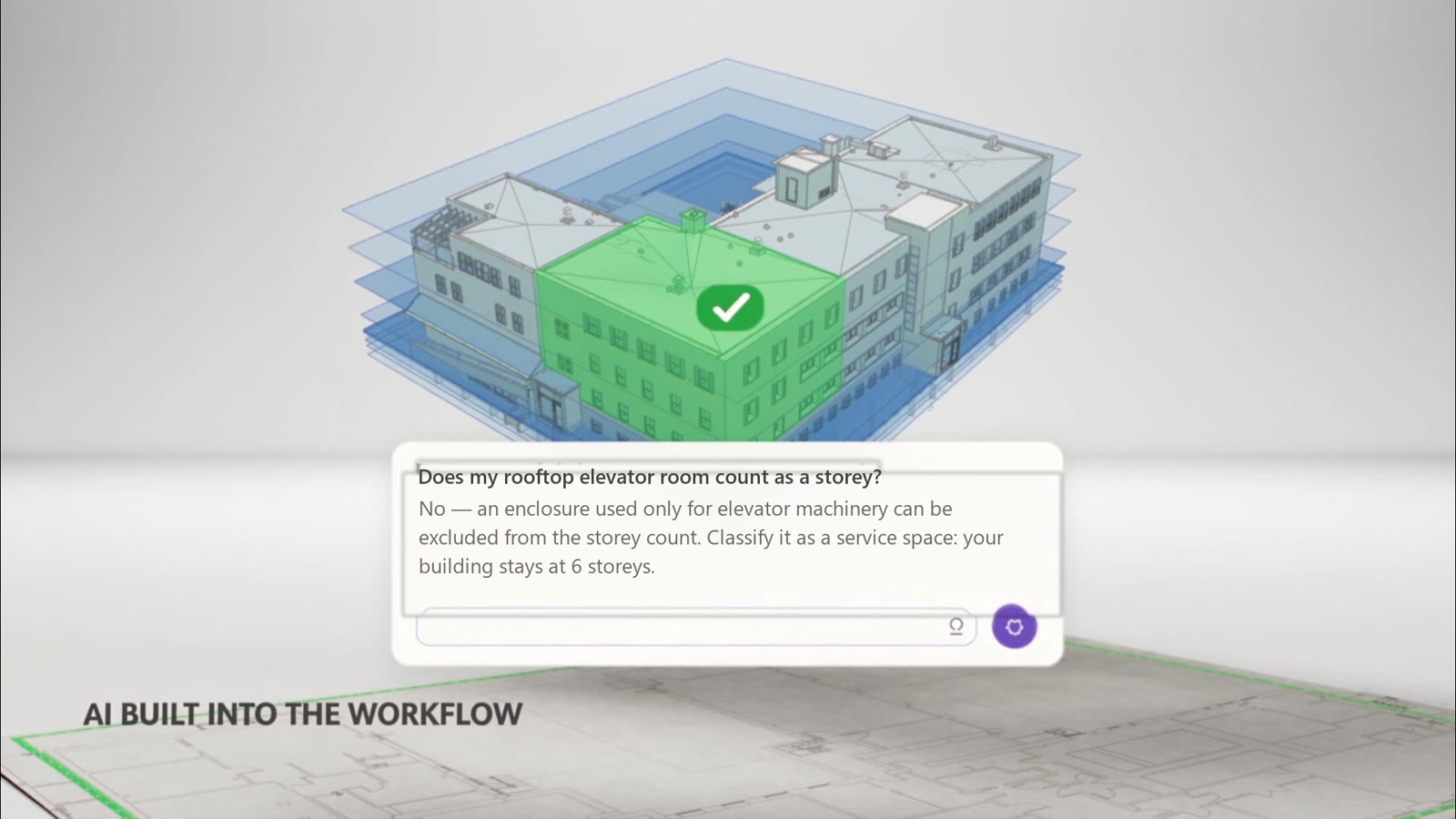 Built-in assistant answering a project question about a rooftop elevator room