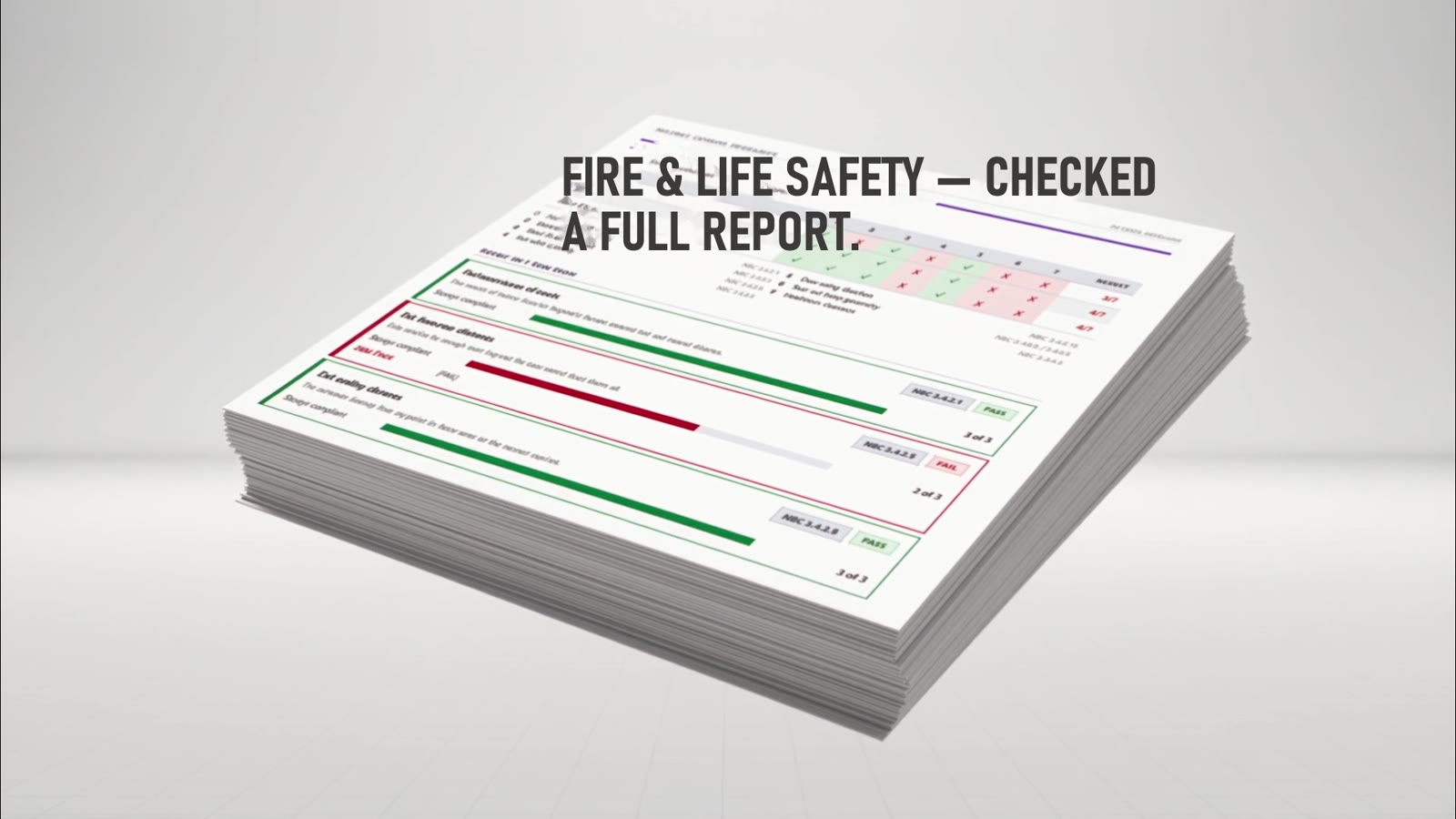 Structured fire and life-safety report with pass and needs-attention results