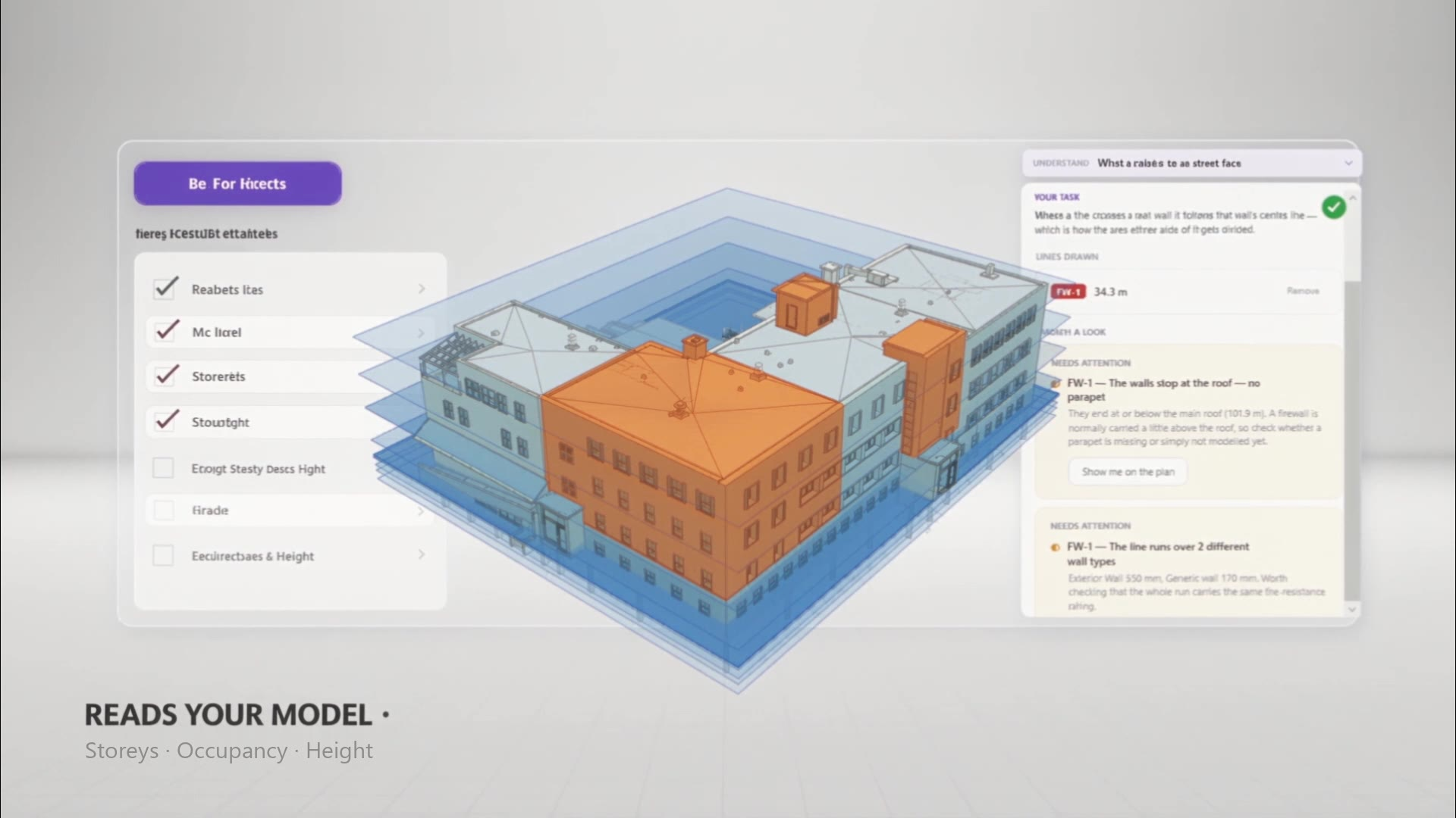 Codex BIM panel beside a Revit model: storeys, occupancy and height are read from the model and conditions needing attention are listed.