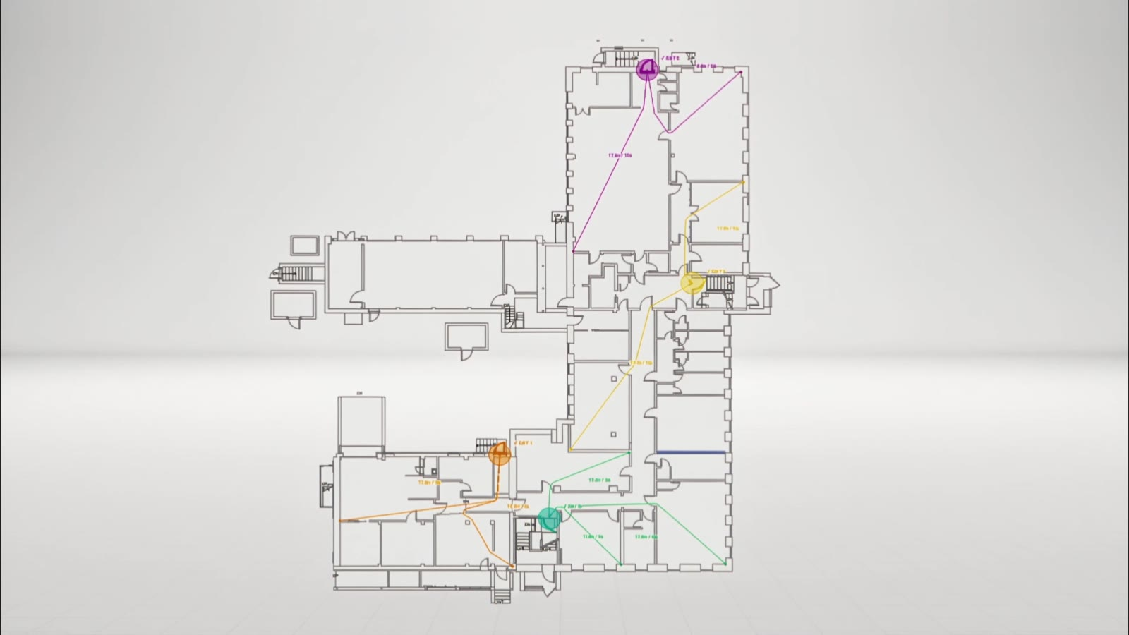Floor plan with egress paths and travel distances traced to each exit